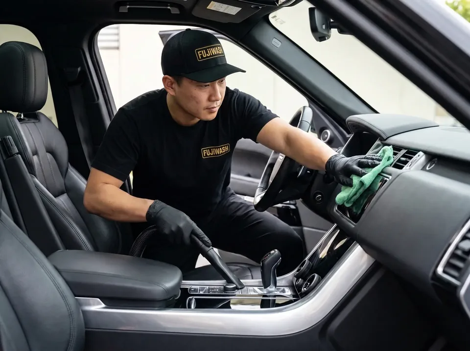 FujiWash™ detailer in a branded black cap and shirt deep-cleaning the interior of a luxury SUV with a vacuum and microfiber cloth.