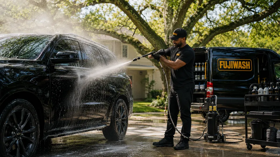 FujiWash™ detailer washing a car in a driveway in Massachusetts.