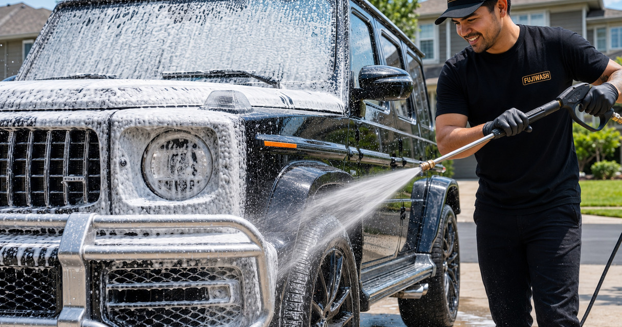 A FujiWash™ detailer in branded black uniform pressure-rinsing a foam-covered black Mercedes G-Wagon in a sunny residential driveway.
