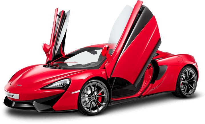 Red McLaren sports car with its butterfly doors open