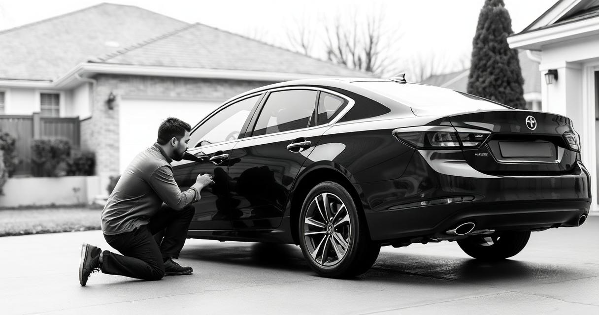 A FujiWash detailer kneeling beside a freshly polished dark sedan in a residential driveway.