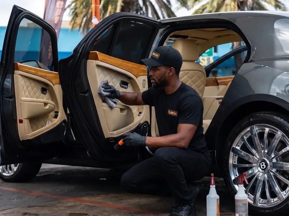 FujiWash™ detailer in a branded black cap and shirt wiping the cream quilted leather door panel of a Bentley during a mobile interior detailing service.