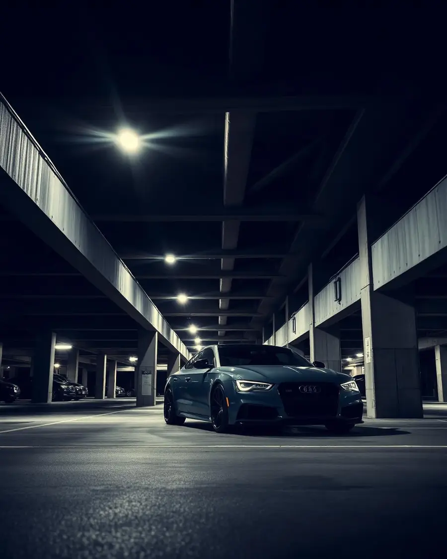 Car parked inside a multi-level concrete parking garage