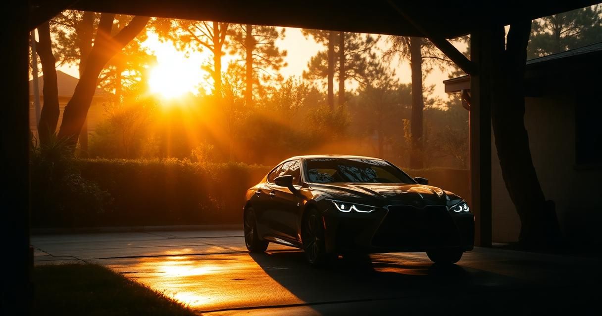 A dark sports sedan parked under a carport at sunrise, glowing in warm Houston light.