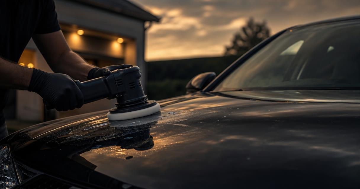 A professional detailer using a dual-action polisher on a glossy dark car hood at dusk.