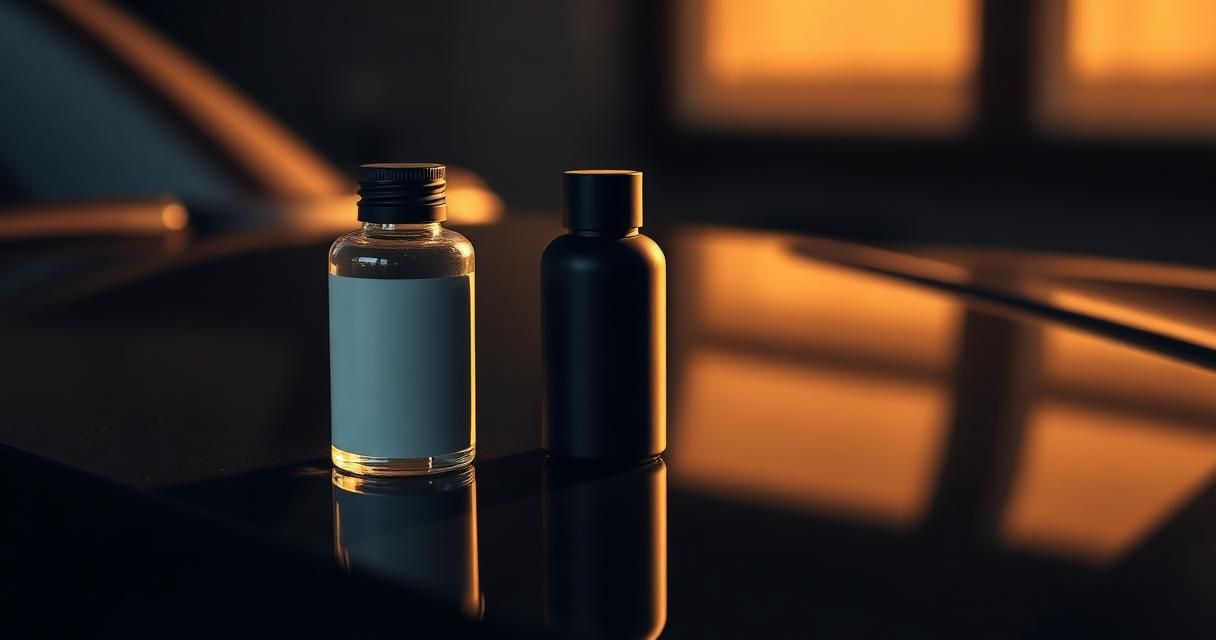 Two unlabeled bottles of paint protection product standing on a mirror-gloss black car hood.