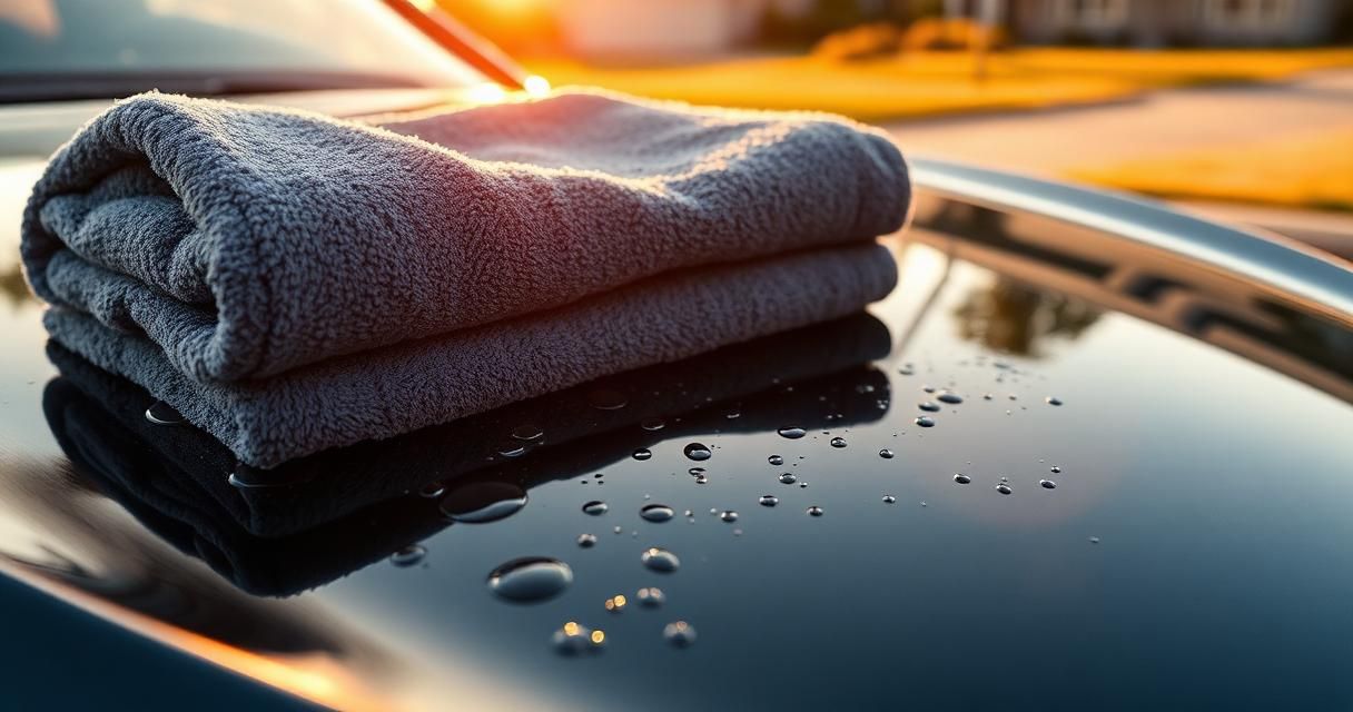 A folded microfiber drying towel resting on the glossy black hood of a freshly detailed car at golden hour.