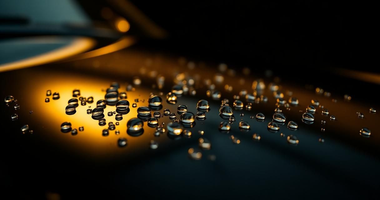 Water beading tightly on the freshly ceramic-coated hood of a dark car in a driveway.