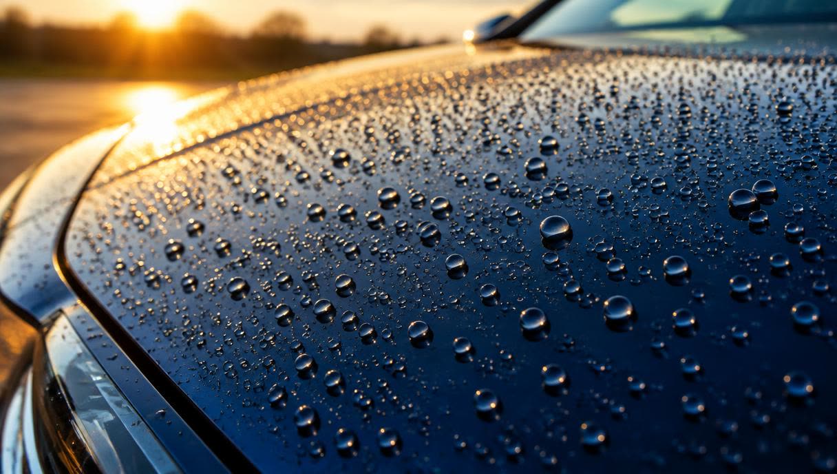 Tight round water beads sitting on the glossy dark blue hood of a car with a hydrophobic ceramic coating at sunset.