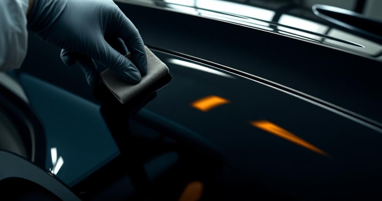 A gloved hand applying ceramic coating with a suede applicator across the glossy panel of a black car.