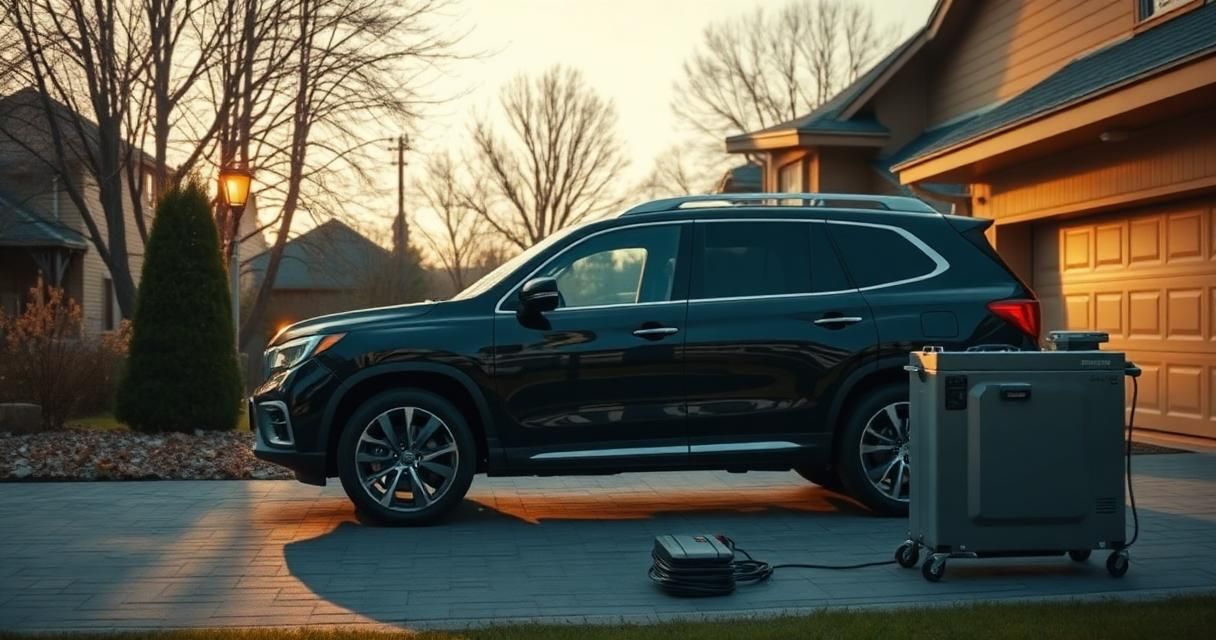 A clean dark SUV parked in a driveway at dusk with mobile detailing equipment staged beside it.