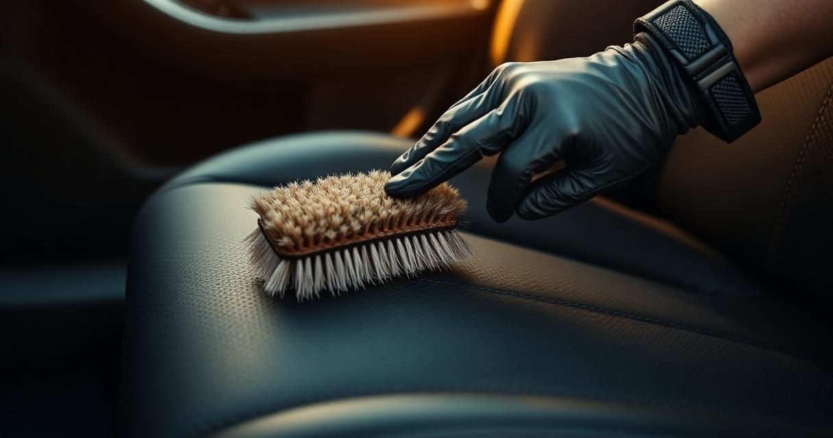 A detailer gently agitating a car's leather seat bolster with a soft brush and pH-balanced cleaner.