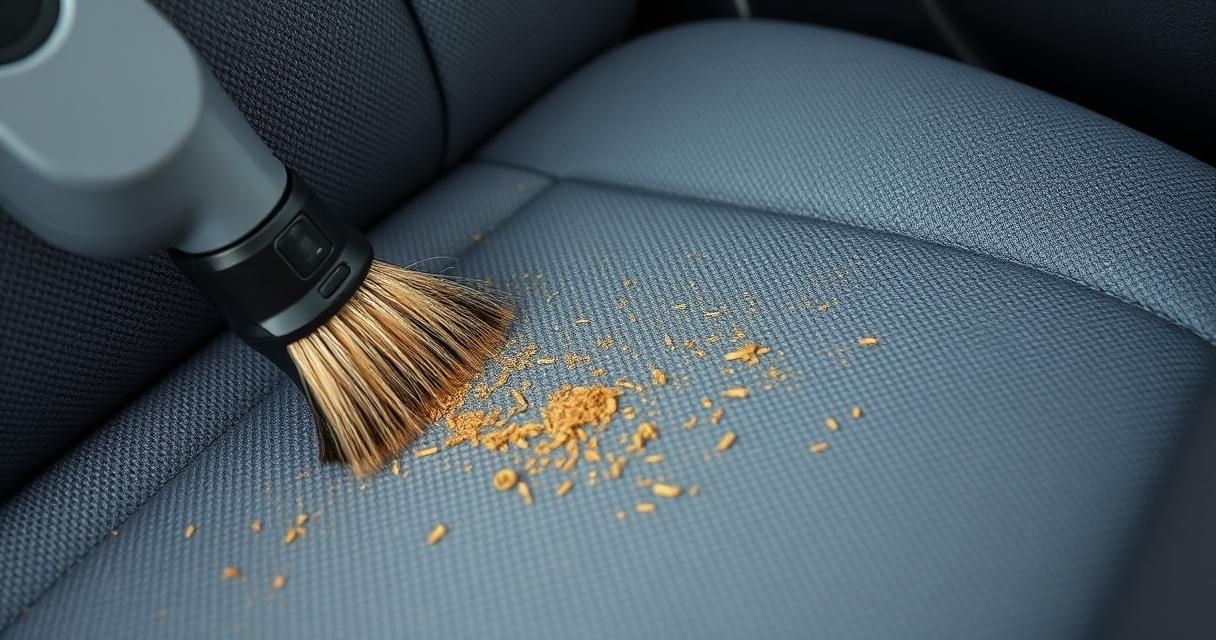 A vacuum brush attachment lifting pet hair and debris from a grey fabric car seat.
