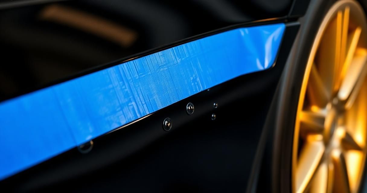 Blue masking tape applied along the trim of a polished black car door during ceramic coating prep.