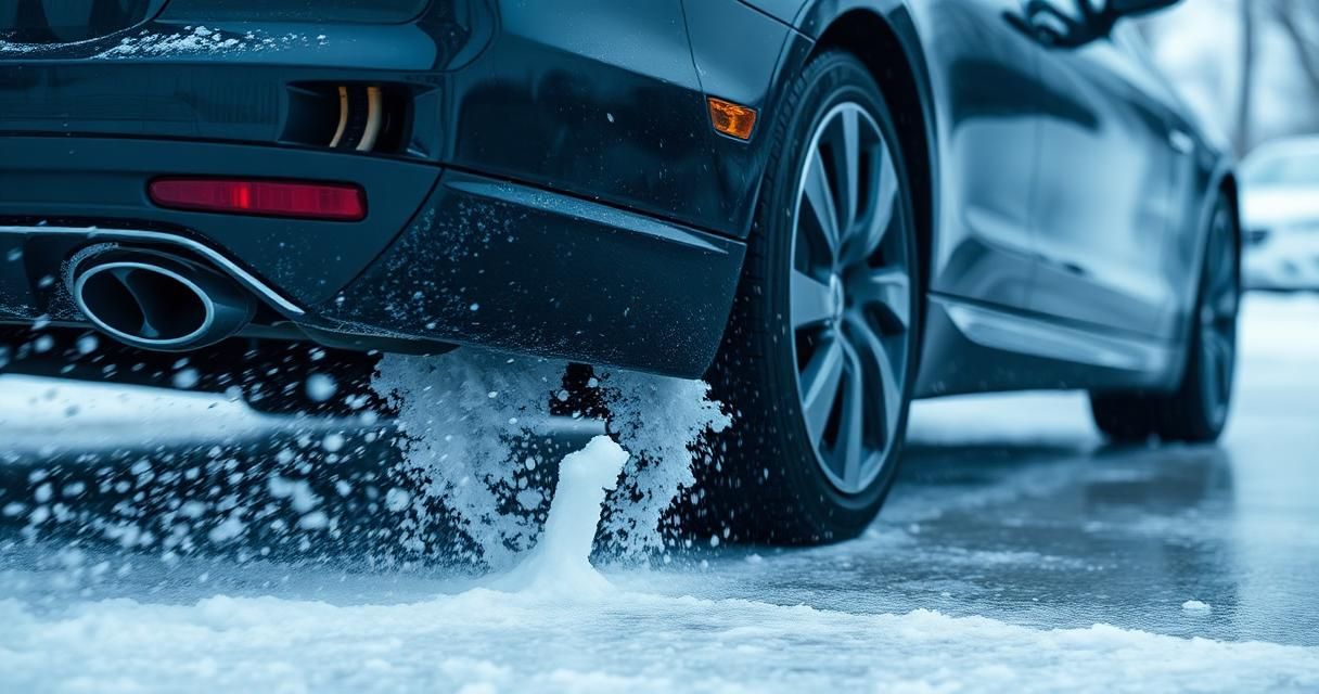 A dark sedan being rinsed in a driveway to flush winter road salt from the lower panels.