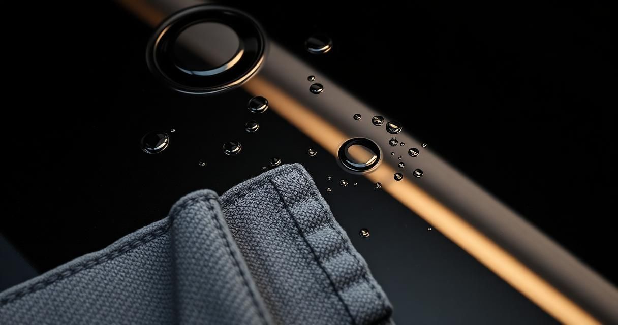 Hard water spots and beaded droplets on glossy black car paint next to a folded microfiber towel.