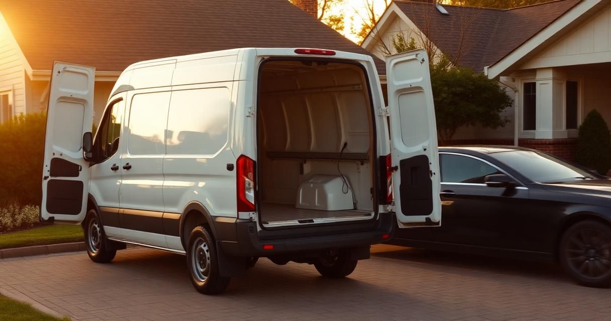 An unmarked white detailing van with its rear doors open, parked in a driveway beside a clean black sedan.