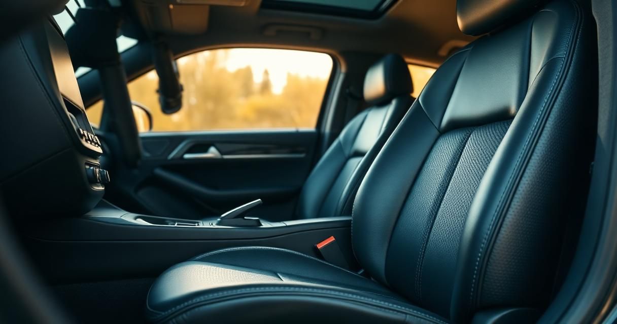 The spotless leather front cabin of a car after a full interior detail.