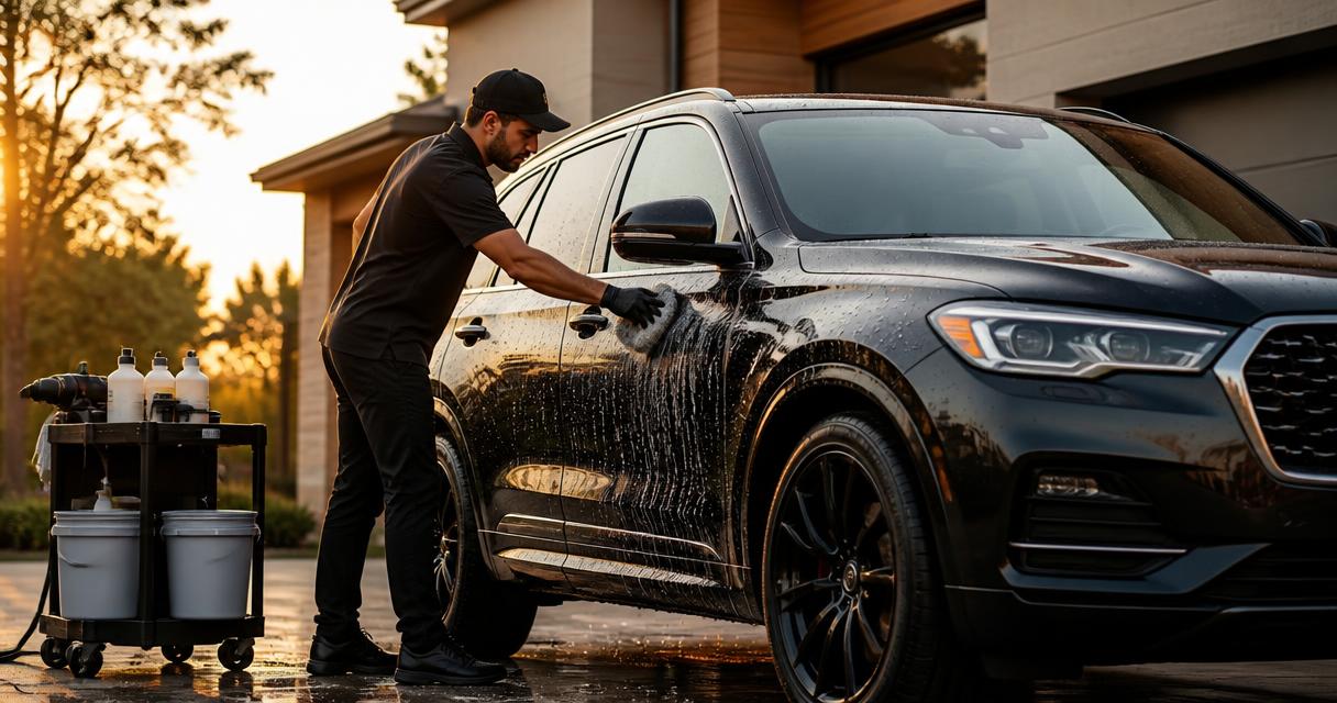 A professional mobile detailer hand-washing a glossy black SUV on a residential driveway at golden hour.